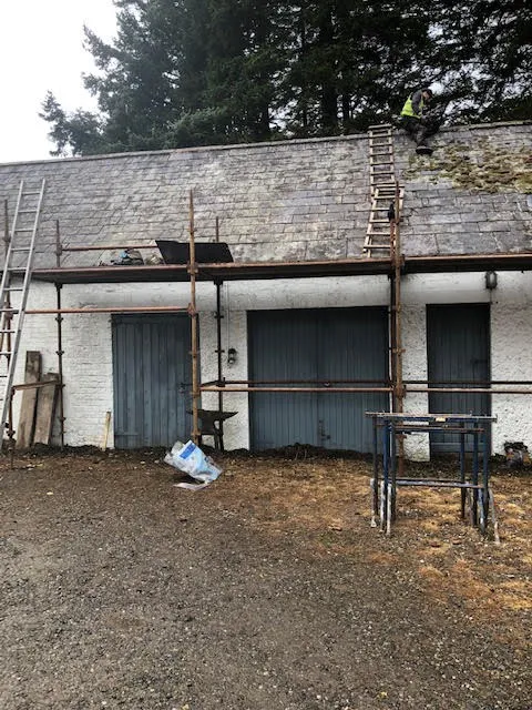 Moss growth on the roof being cleared and broken slates replaced — photo 2