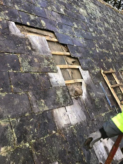 Moss growth on the roof being cleared and broken slates replaced — photo 4
